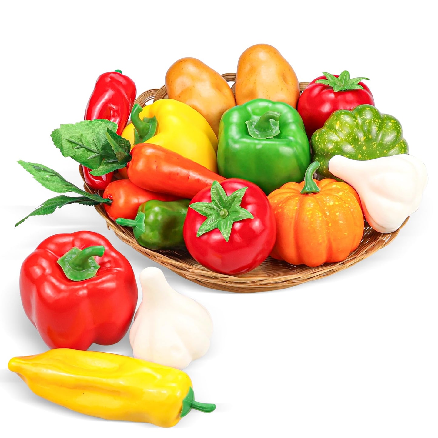 Tenorbass 16 Pieces Fake Vegetables, Artificial Vegetables for Decoration Kitchen, Realistic Faux Vegetables Props Display, Fake Tomatoes Potatoes Garlic Bell Peppers