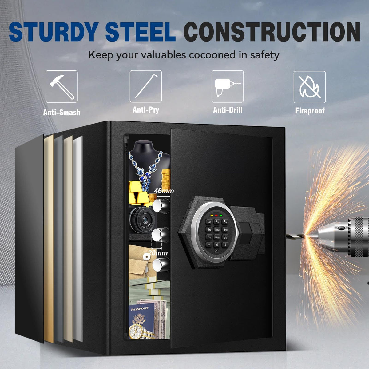 Fdsutvit 2.3 Cu Ft Fireproof Home Safe Box- Steel Security Box with Digital Electronic Keypad, Safety Lock Box for Office, Removable Shelf, Fire Proof Safe for Documents Money Jewelry Gun
