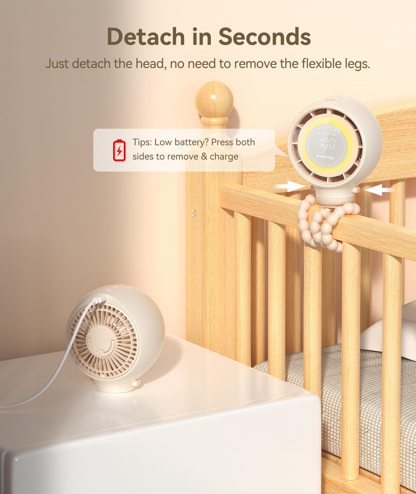 Dreamegg Portable Stroller Fan - 4000mAh Rechargeable Baby Stroller Fan With LED Display, Night Light, Hidden Blade, Detachable 4 Speed 360°Rotate, Handheld Cooling for Crib,Travel, Car Seat, Bedroom