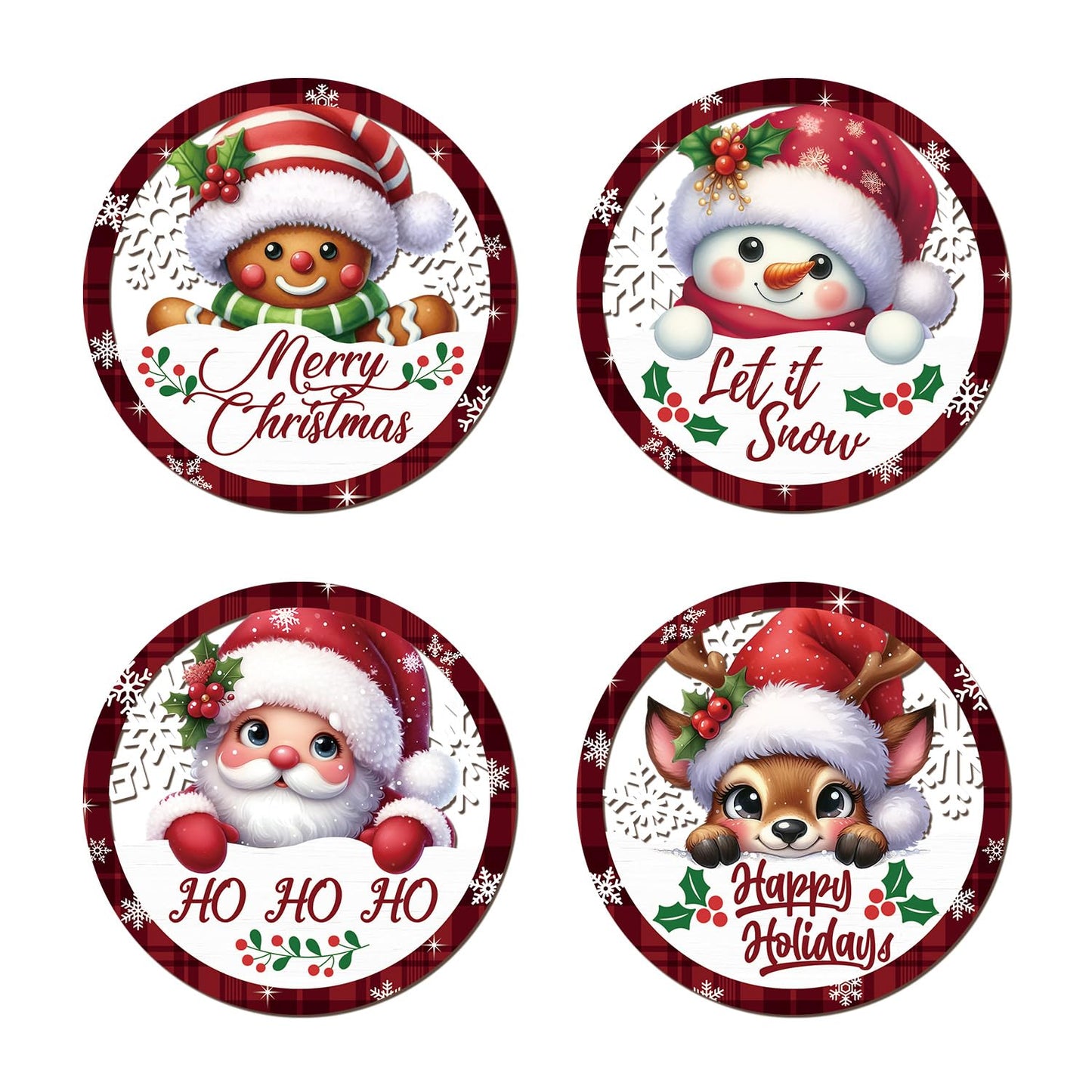 HOURIA 4PCS Christmas Wall Decorations Indoor, Merry Christmas Buffalo Plaid Wooden Hanging Wall Decor,10" Reindeer Gingerbread Man Snowman Sign,Xmas Holidays Wreath Sign for Living Room Bedroom