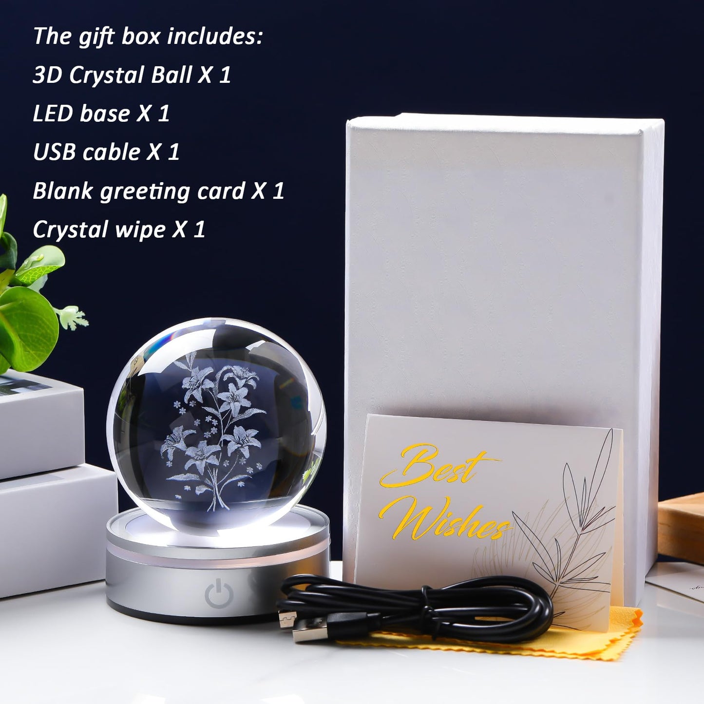 Movdyka 3D Laser Etched Lily Crystal Ball with Color-Changing LED Base