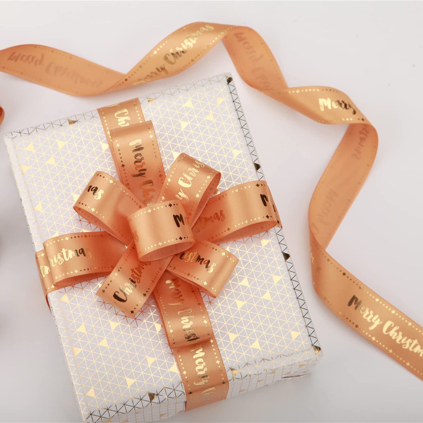 Meseey Merry Christmas Ribbon 10 Yards 1Inch Wide White Satin Ribbons with Gold Printed Gift Ribbon for Craft Packing, Gift Wrapping, DIY Craft, Christmas Party Supplies