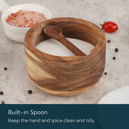 KITCHENDAO Large Acacia Salt Cellar Box Bowl with Built-in Spoon and Marble Lid, Natural Acacia Wood Bath Sea Salt Container, Pepper Sealer Pinch Bowl, 10oz Capacity