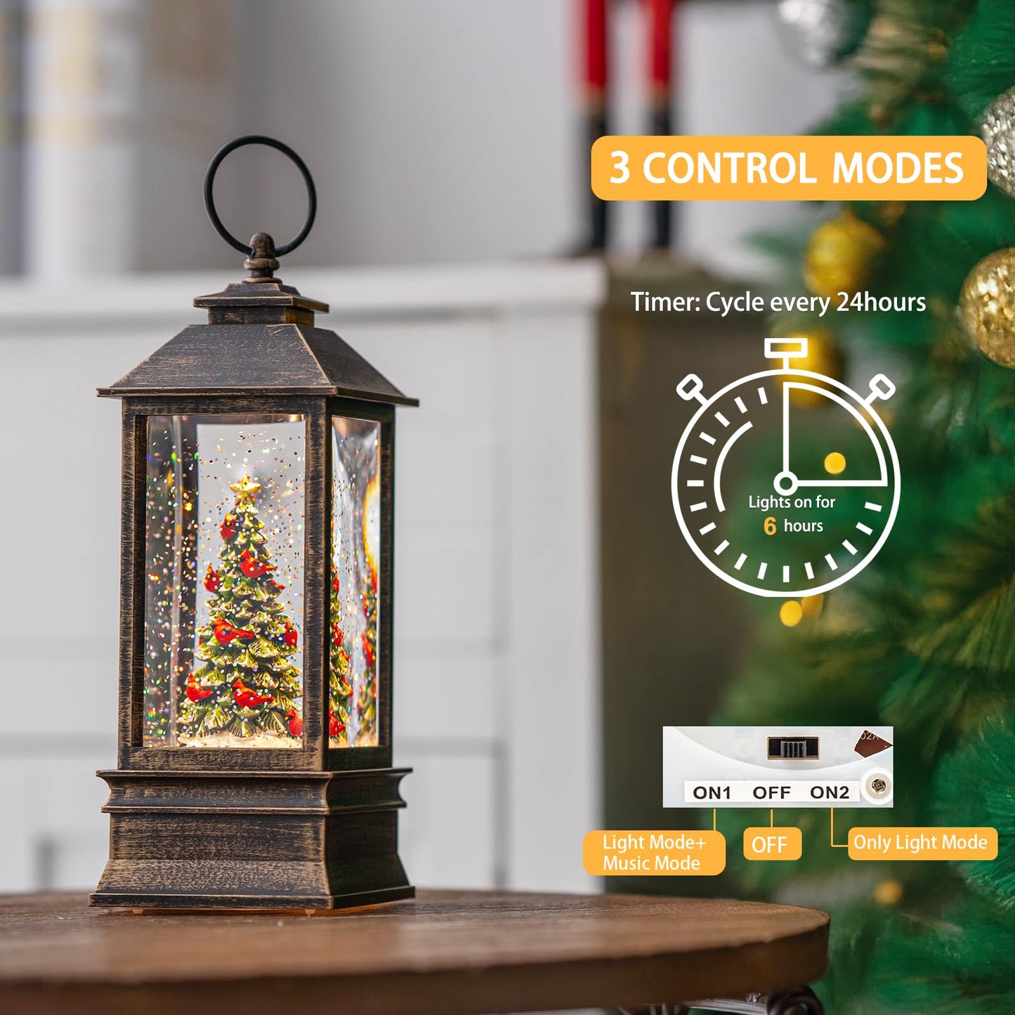 Christmas Snow Globe Lantern Water Glittering Christmas Tree with Music, USB Lined/Battery Operated Lighted Lantern for Christmas Festival Decoration Gifts