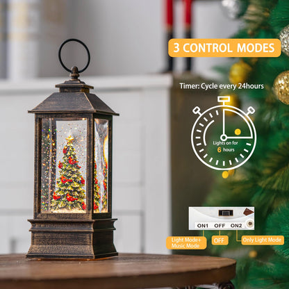 Christmas Snow Globe Lantern Water Glittering Christmas Tree with Music, USB Lined/Battery Operated Lighted Lantern for Christmas Festival Decoration Gifts