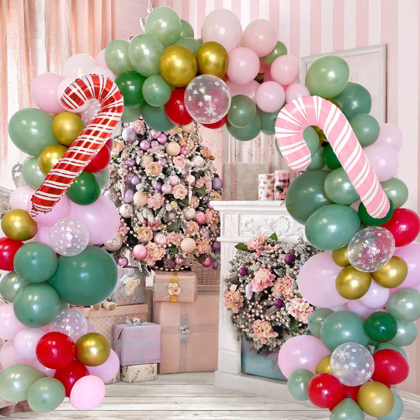 Christmas Balloon Garland Arch kit for Girls, Dark Sage Green Pink Red Gold Snowflake Xmas Balloon Arch with Red Pink Candy Cane Foil Balloons Set for Women New Year Holiday Birthday Party Decorations