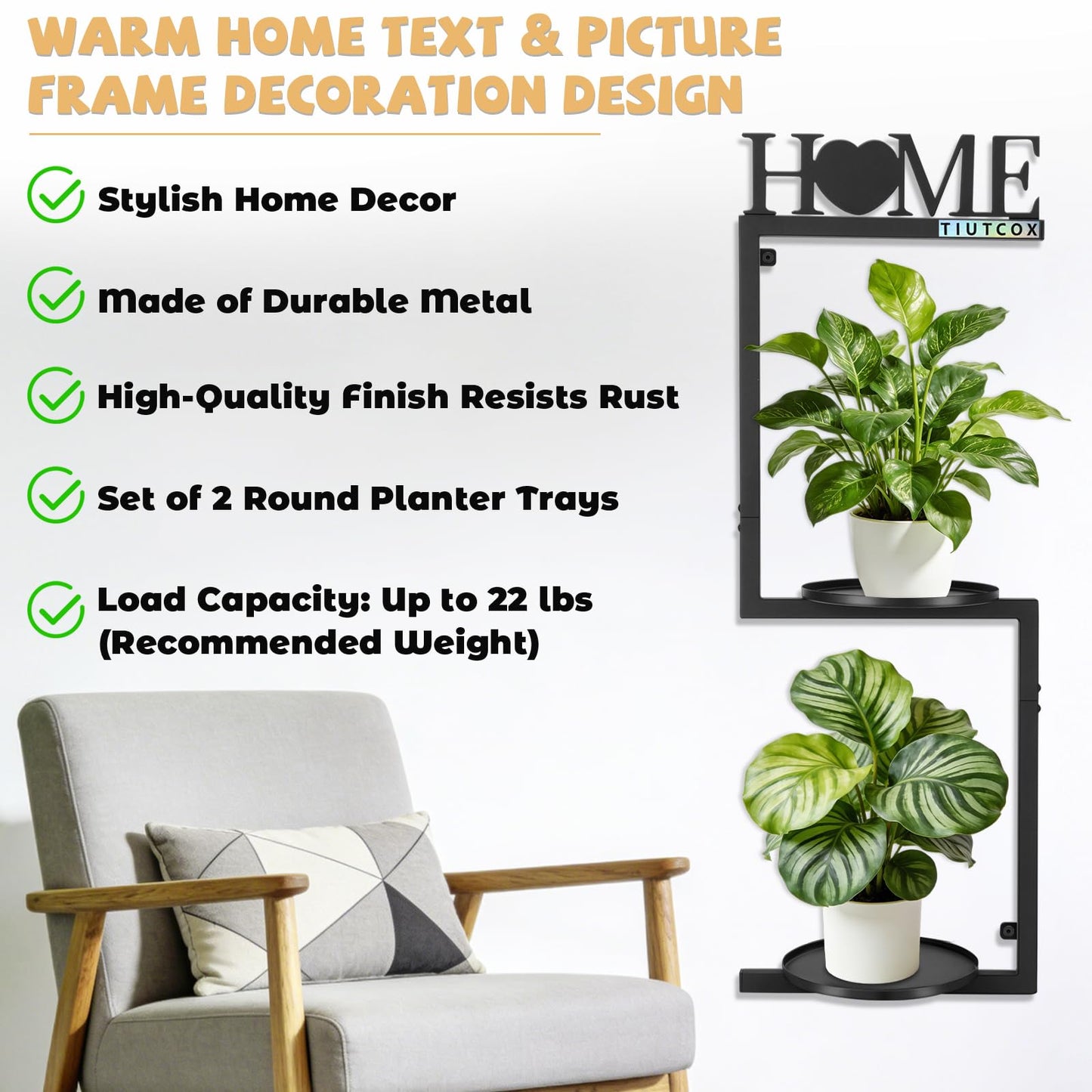 TIUTCOX Wall Plant Holder Metal, Plant Frames Wall Decor, Wall Plant Stands for Indoor&Outdoor with Letters HOME Decor, 2 Round Flower Pot Trays, 12*7.87*34.33 Inch, Black