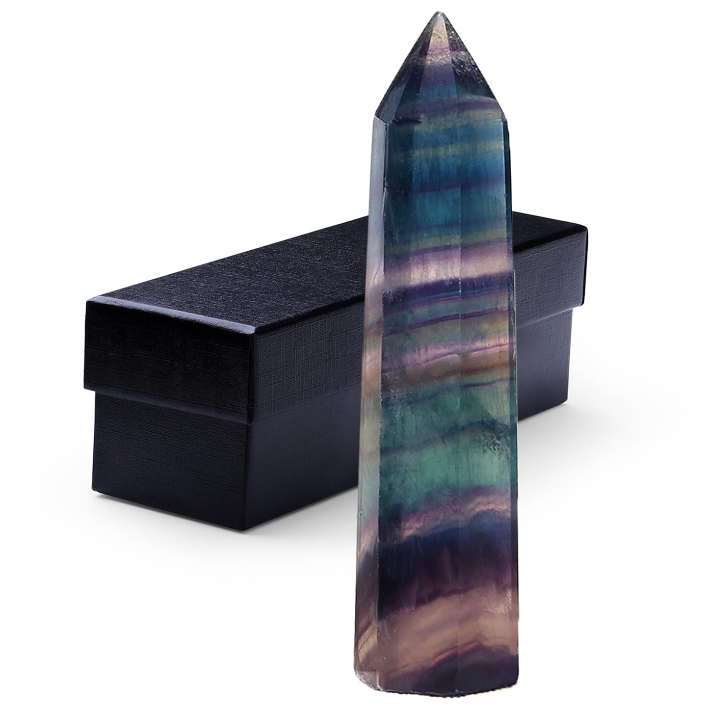 ZHIYUXI 3.7-4" Fluorite Crystal Wand Healing Crystals Tower Gemstones Hexagonal Pointed Crystal Stone Large Crystals Reiki Fluorite Stone Energy Balancing Meditation Therapy Decoration 1 Pc