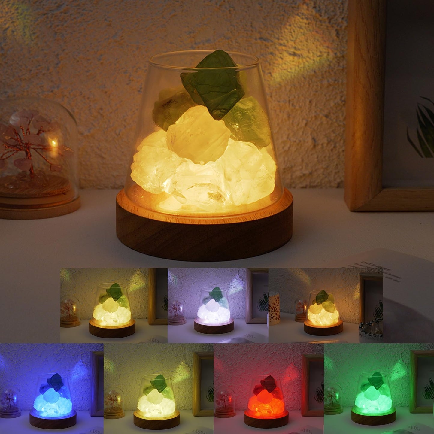 Runyangshi Runyansghi Green Fluorite Clear Quartz Night Lamp Natural Healing Crystal Atmosphere Lamp with Remote Control Bedside Lamp USB Port 7 Colours Dimming Mode Bedroom Lamp Home Decor Gift