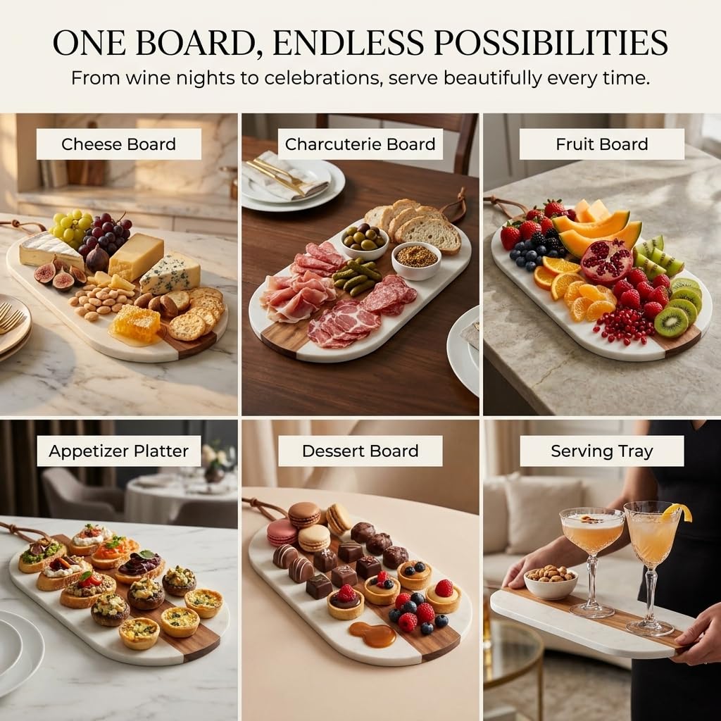 Marble & Acacia Wood Charcuterie Board, Cheese Board, Serving Platter & Appetizer Tray with Leather Strap, Marble Cheese Board for Entertaining, Housewarming Gift, Wedding Gift for Couples