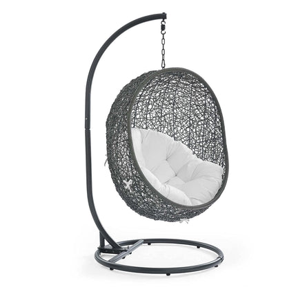 Modway Hide Wicker Rattan Outdoor Patio Porch Lounge Egg Swing Chair Set with Stand in Gray White