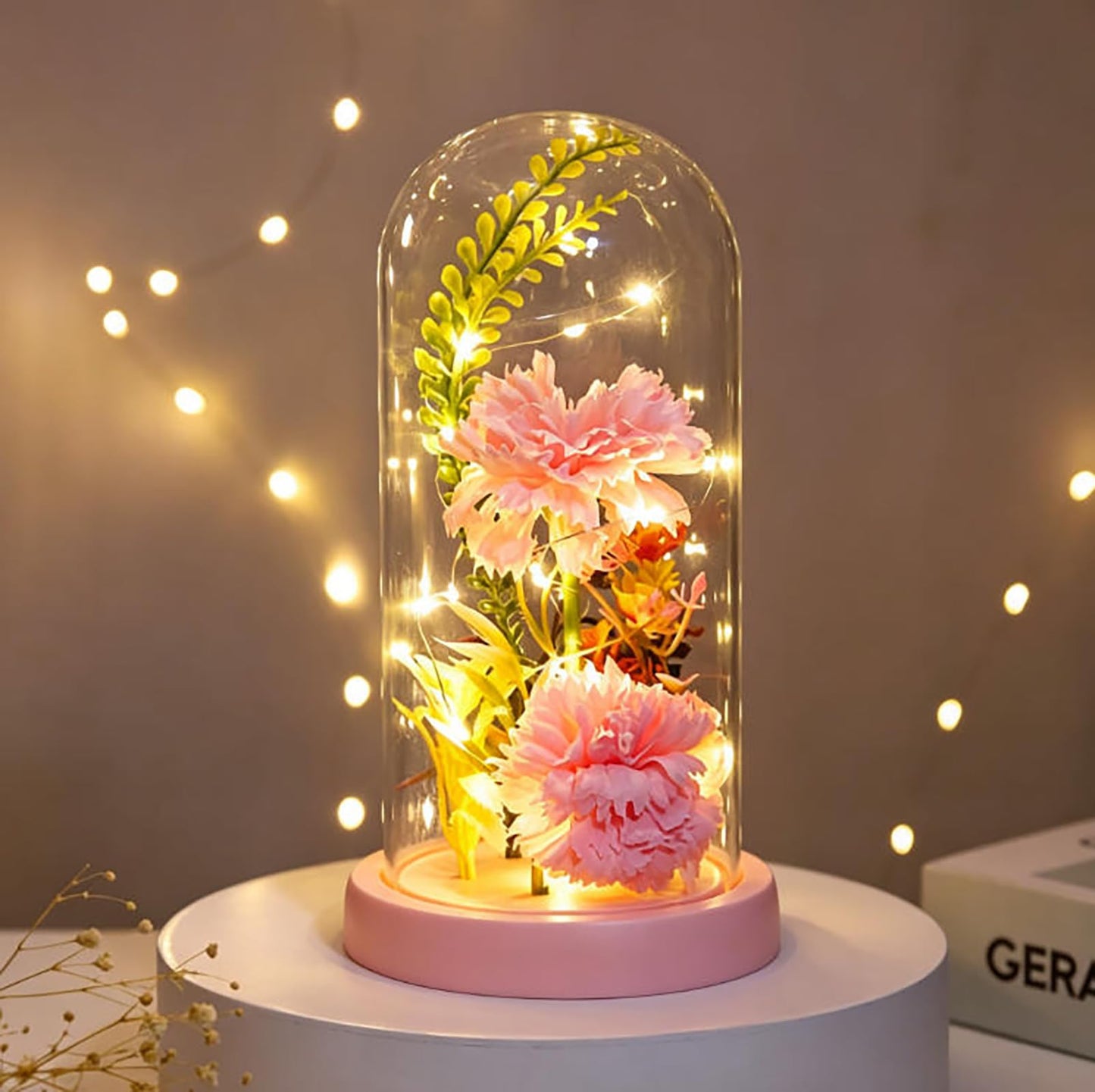 Strackvial Galaxy Glass Carnation Forever Preserved Flower with Light, Valentines Day Birthday Gift for Women, Mom, Wife, Girlfriend, Light Up Carnation in Glass Dome for Mothers Day