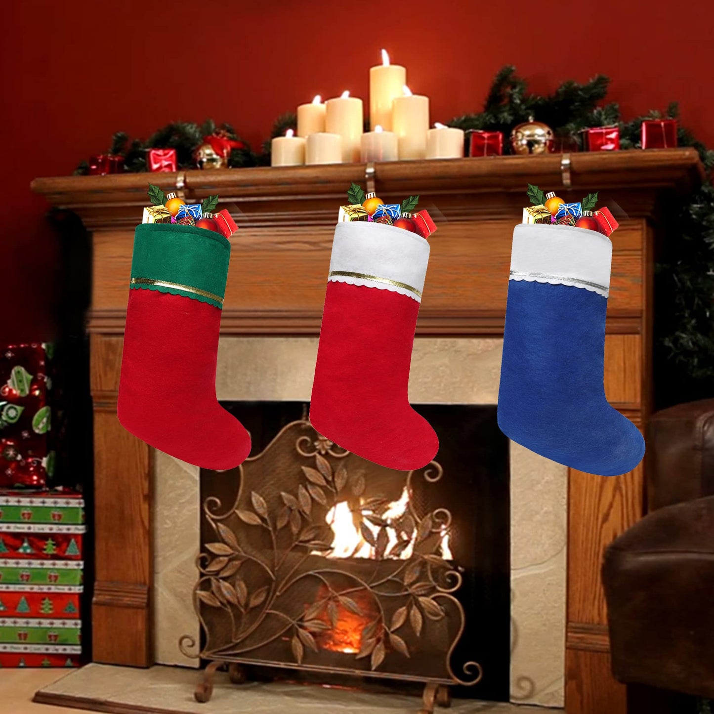 Tokforty 12 Pack Felt Christmas Stockings, 19 Inches Blue and White Christmas Stockings Hanging Ornaments, White Cuff with Silver Trim Christmas Stockings for Family Christmas Holiday Decorations