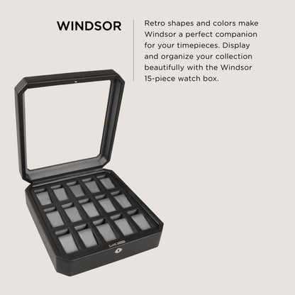 WOLF Windsor 15-Piece Watch Box, Black - Features 15 Watch Compartments & Vegan Leather Exterior