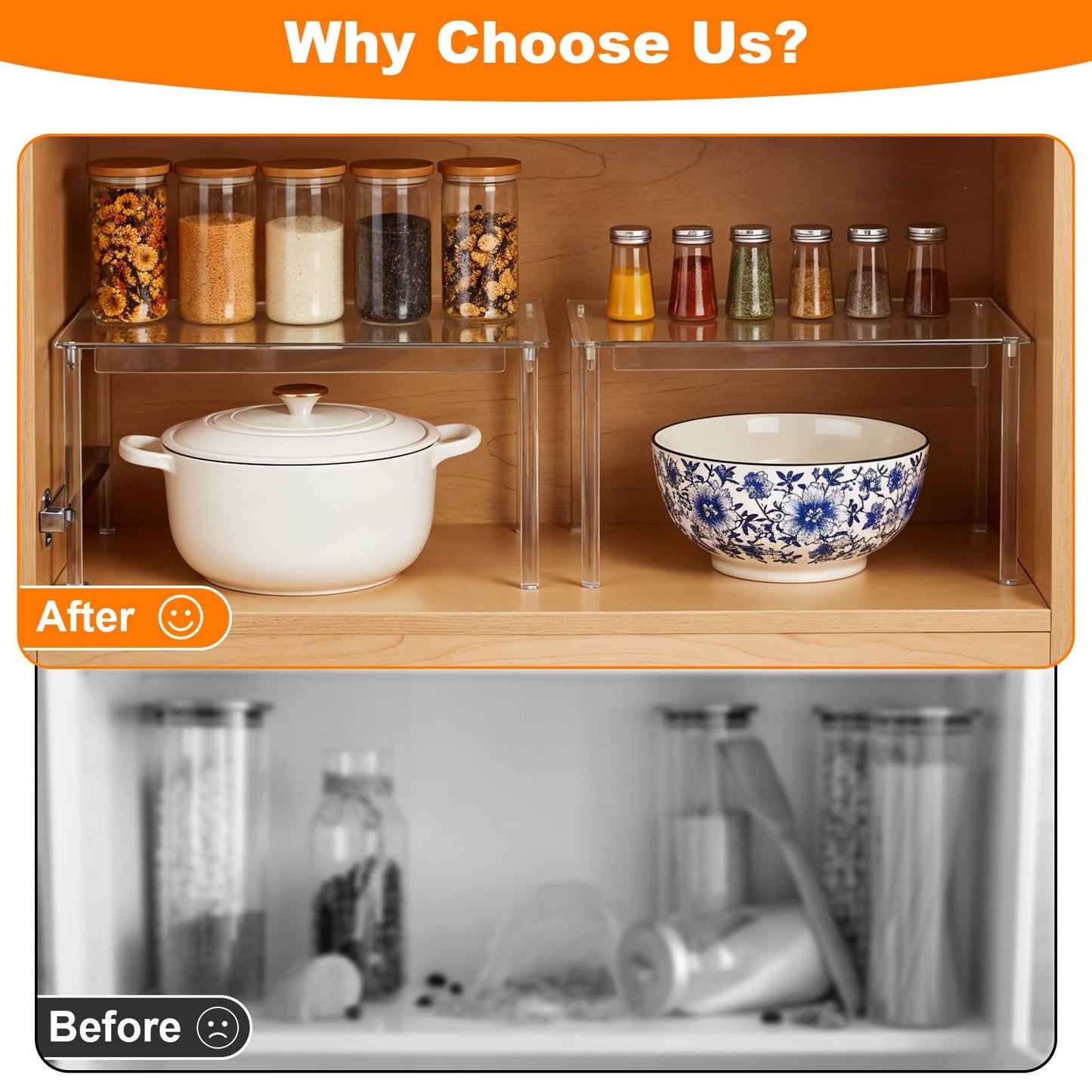 Afcabakila 4 Pcs Clear Acrylic Cabinet Organizer Shelves, Stackable Spice Rack & Shelf Riser for Kitchen Pantry, Countertop, Bathroom, Desk & Cupboard Storage, Versatile Display Organizer for Makeup