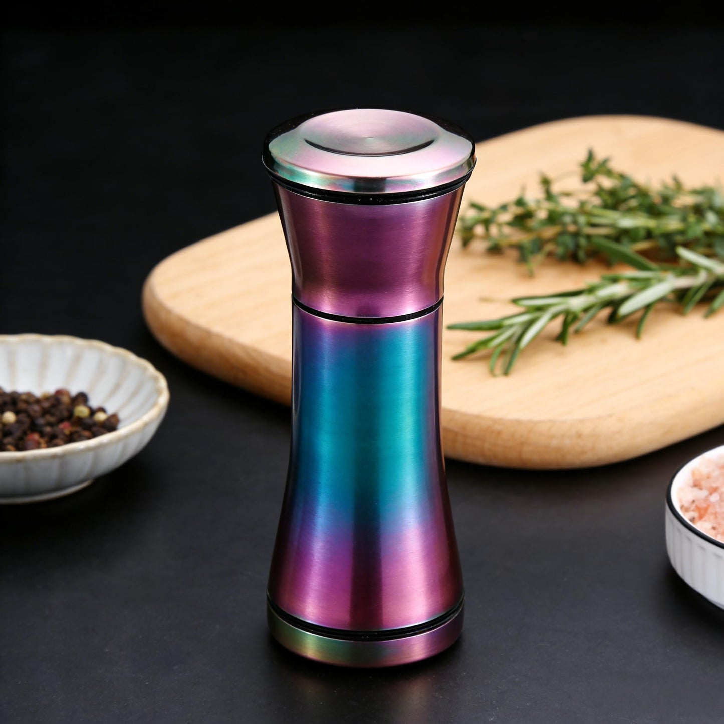 Rainbow Titanium Plated Salt & Pepper Grinder Set of 2 - Refillable Stainless Steel Mills with Adjustable Coarseness