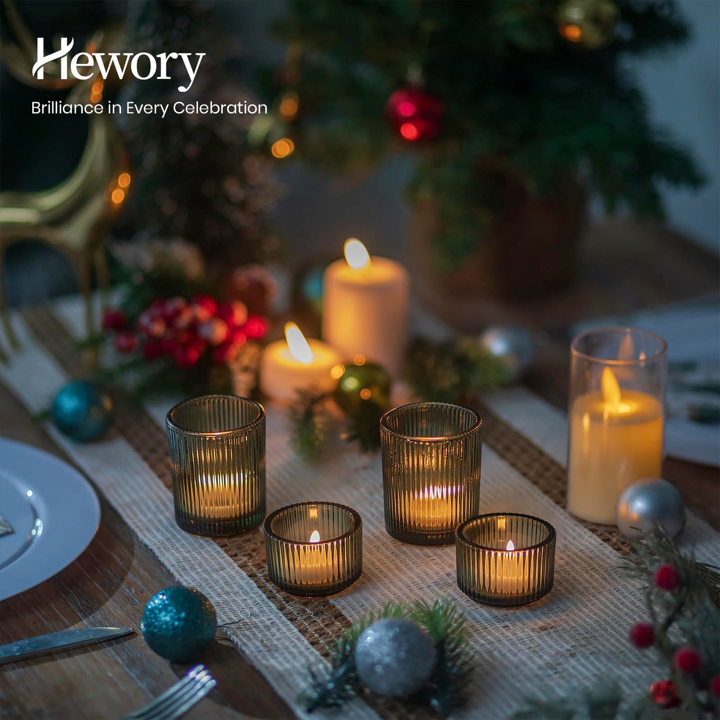 Hewory Glass Tealight Candle Holder: 24 Pcs Dark Green Votive Tea Lights Candle Holder, Ribbed Tea Light Holders Fall Decorations for Thanksgiving Table Centerpiece Wedding Party Home Decor