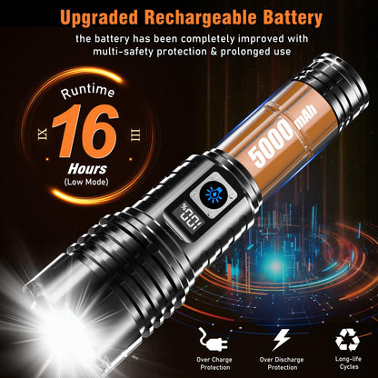 Shadowhawk Torches LED Super Bright Rechargeable, Flashlight 500000 Lumens XHM77.2 Torches Battery Powered, Powerful Tactical Flash Light Torch, USB Hand Torch for Dog Walking Camping Emergency Gift