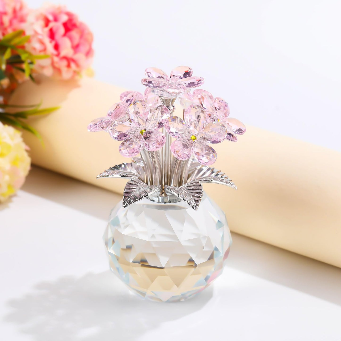 YWHL Pink Crystal Forget Me Not Figurines with Base, Crystal Glass Flower Gifts for Women, Handmade Flower Collectible Figurine Ornaments for Tabletop Centerpieces Home Decor