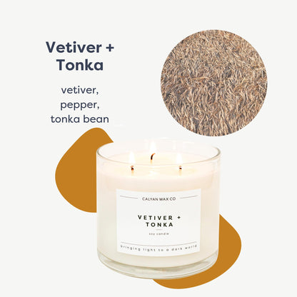 Calyan Wax Co. Vetiver & Tonka 3 Wick Scented Candle - 43 Hour Burn - Luxury 3 Wick Soy Candles - Clean Soy Wax Candles - Long Lasting Large Glass Jar Candle for Home - 14.9oz