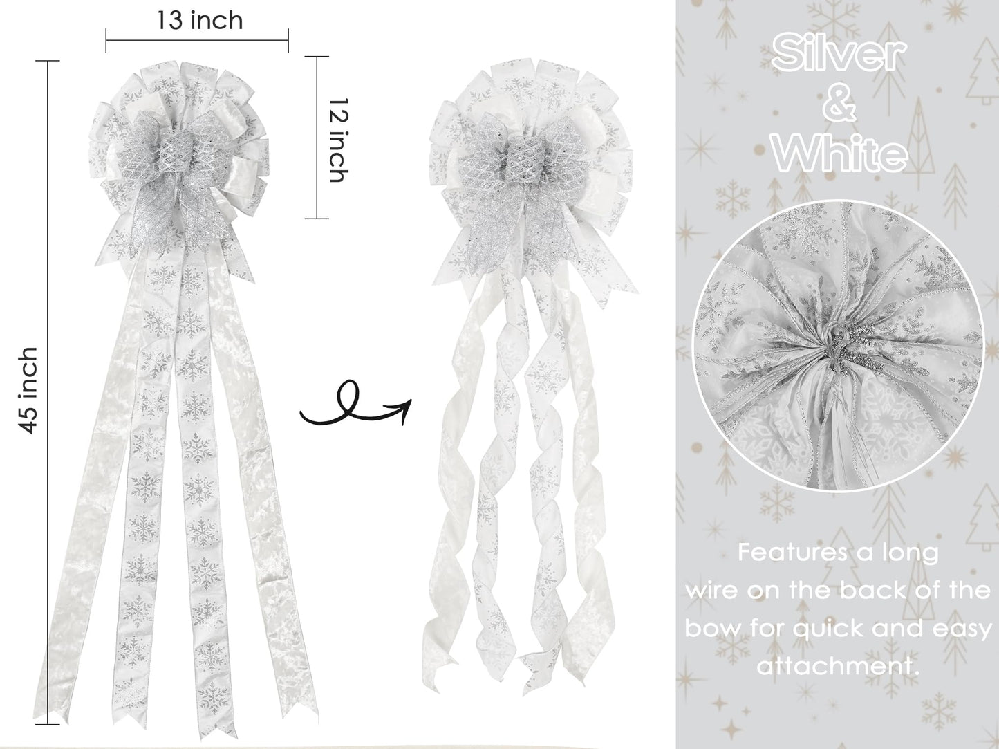 HUIHUANG Silver and White Christmas Tree Topper Bow 13 inch x 45 inch Large Glitter Christmas Bows Snowflake Velvet Bows for Christmas Tree Ornament, Wreaths, Staircase, Mantel, Home Decor