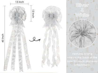HUIHUANG Silver and White Christmas Tree Topper Bow 13 inch x 45 inch Large Glitter Christmas Bows Snowflake Velvet Bows for Christmas Tree Ornament, Wreaths, Staircase, Mantel, Home Decor