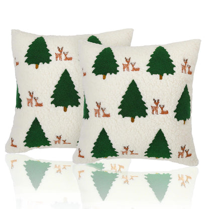 Lewondr Christmas Pillow Covers 18x18 inch, 2 Pack Christmas Throw Pillow Covers with Reindeer Embroidery, Soft Velvet Xmas Tree Pillows Cover for Living Room Couch Sofa Bed Home Decoration, Beige