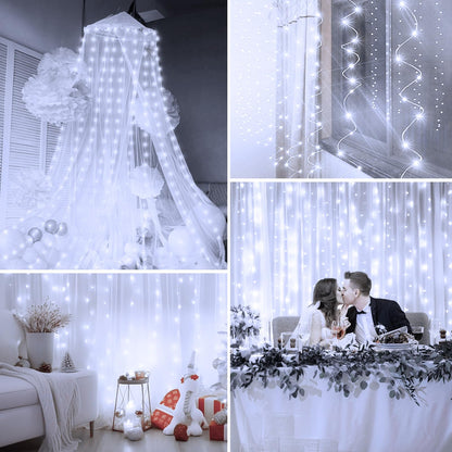Minetom Curtain Lights, 300 LED Dimmable Fairy Lights with Remote and Timer, 8 Modes, USB Powered String Lights for Room Wall Party Xmas Indoor Decor, Winter Wonderland Christmas Decorations