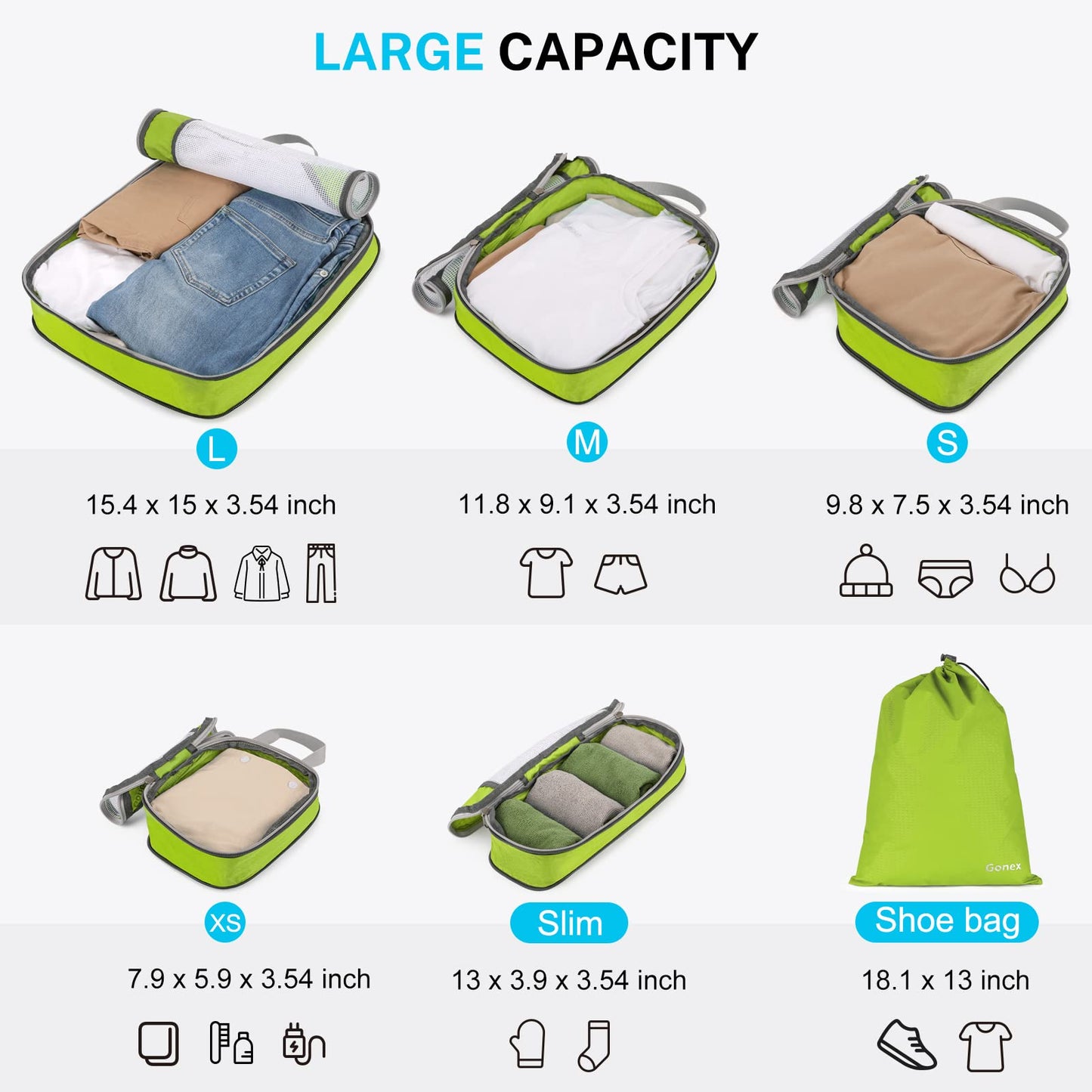Gonex Travel Compression Packing Cubes Set, 6 Pcs, Green & Rolling Duffle Bag with Wheels, 25 inch, Olive