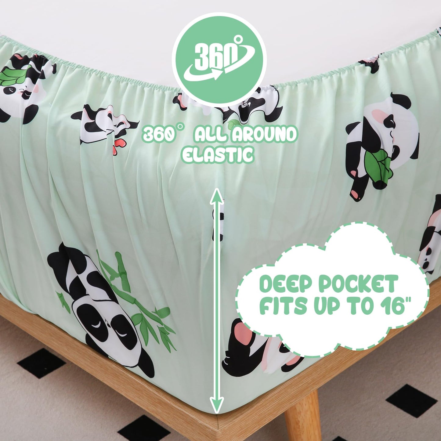 Yibeizi Full Size Sheets Set Kids, Sage Green Panda Pattern Microfiber Double Bed Sheets, Cute Soft Oeko-Tex Extra Deep Pocket Sheets & Pillowcases Cooling Hypoallergenic Wrinkle Free Bedsheets