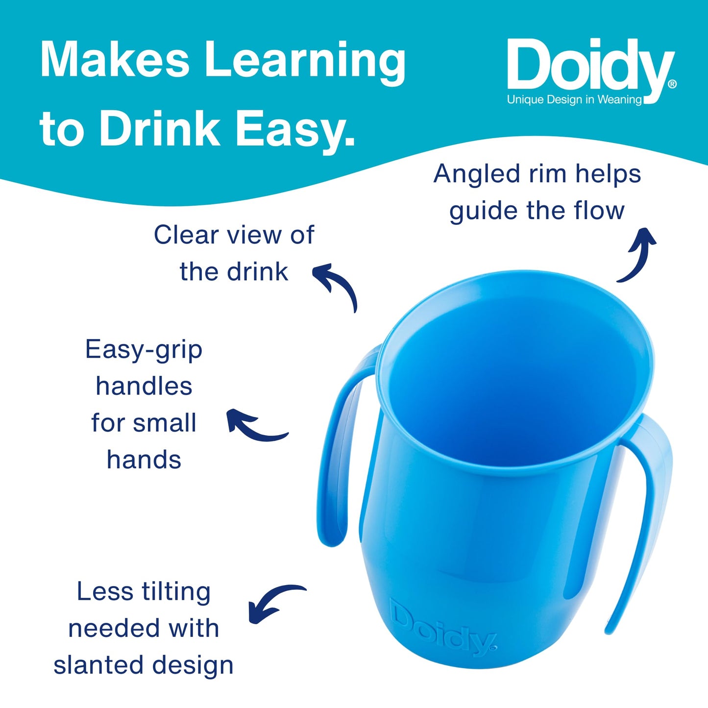 Doidy Cup Free Flow Toddler Cup | Trainer Sippy Cup (No Valve or Spout) | 3+ Months | Open Beaker with Handles for Easy Drinking | BPA-Free | 200 ml (7oz) | Blue