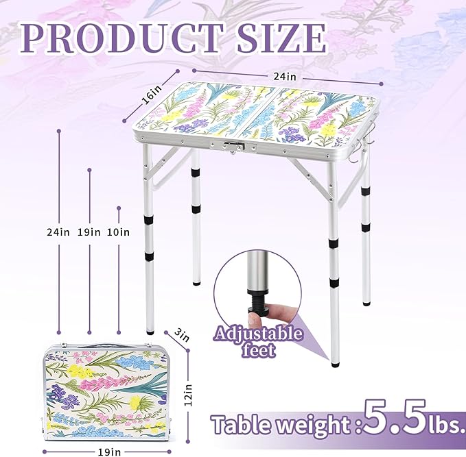 Yriuat Folding Camping Table 2ft Portable Pinic Table Adjustable Height Small