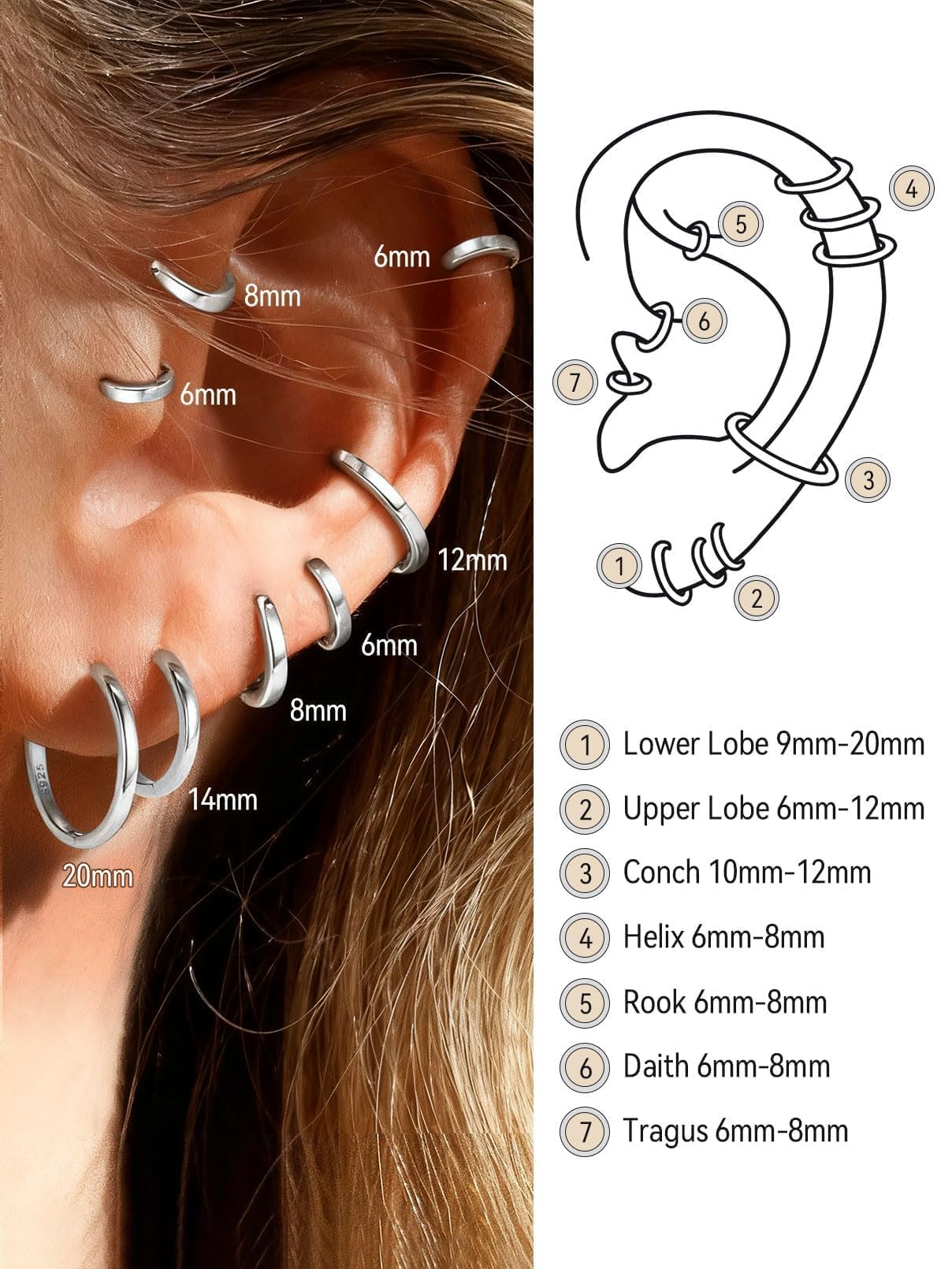 FaithHeart 925 Sterling Silver Huggie Hoop Earrings, Small Silver Hoop Earring for Women, Hypoallergenic Cartilage Earrings for Women 6mm