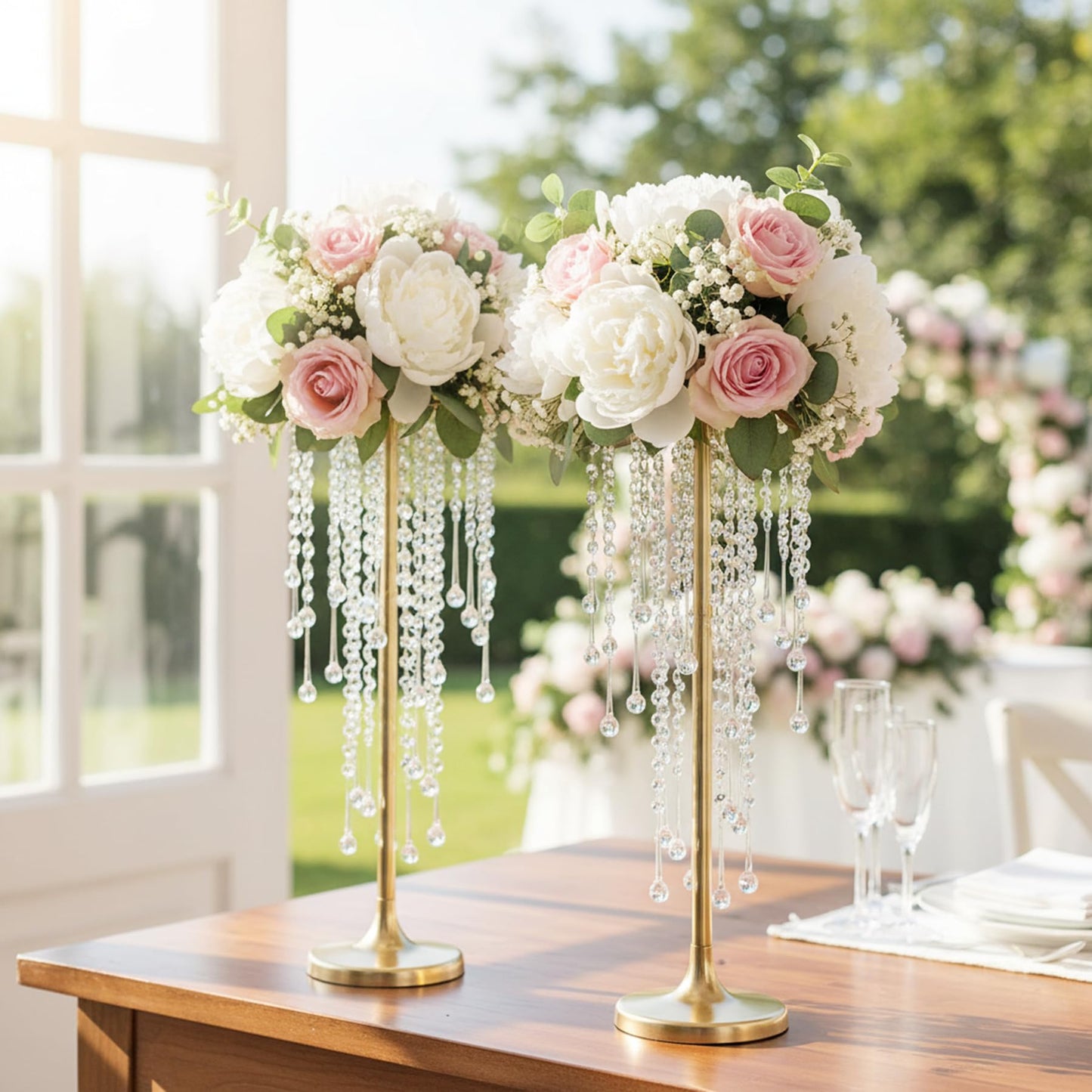 21.7in Tall Gold Vases for Table Centerpieces - 2pcs of Metal Flower Stands with Sparkling Crystal Beads, Elegant Flower Vases for Anniversary Birthday Party Christmas Event Wedding Home Decor