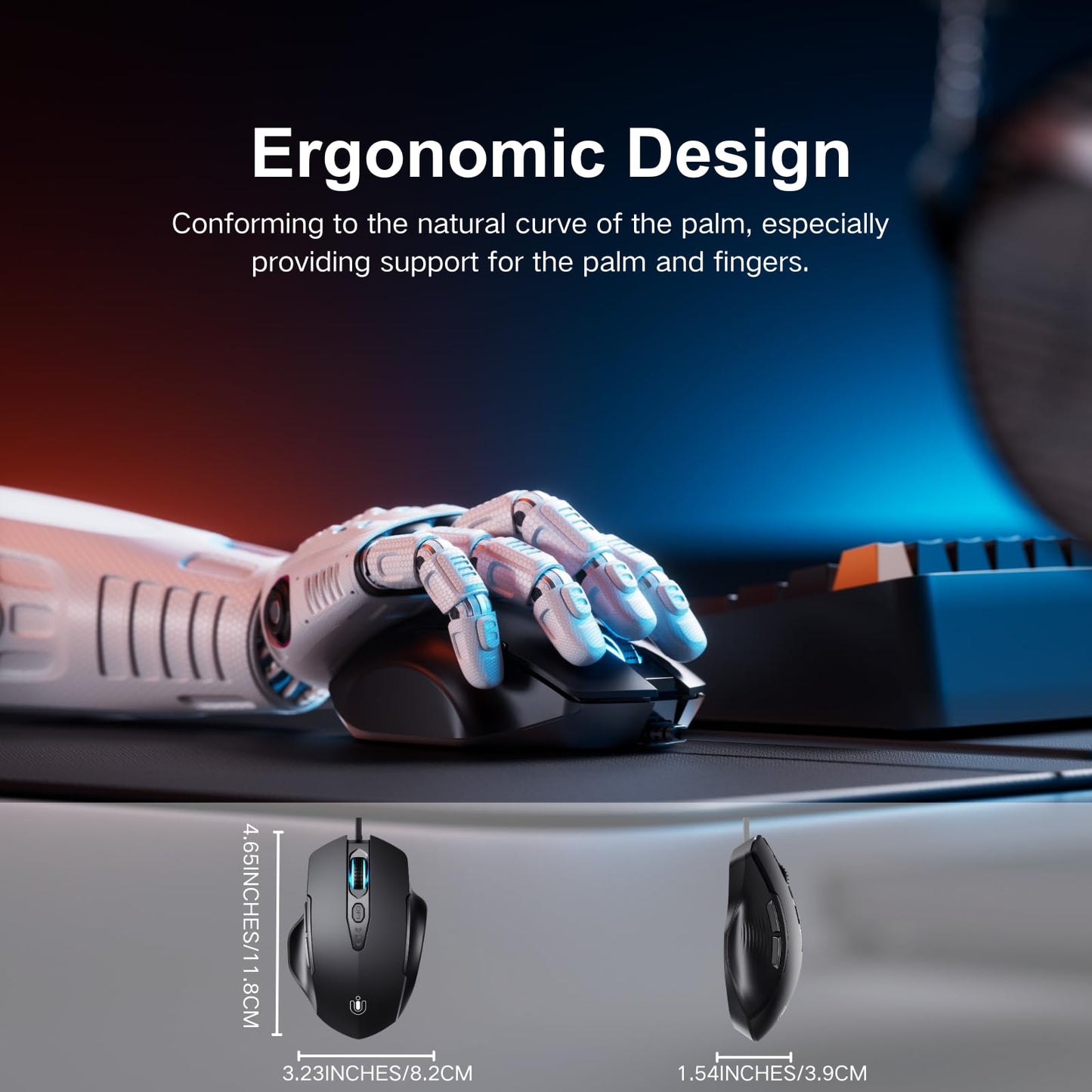 Uineer Wired Mouse, USB wired mouse with 6 Buttons Ergonomic design,1.5M USB Cable Computer Mouse Gaming 7200DPI Optical Mice for PC Laptop, Matte Black