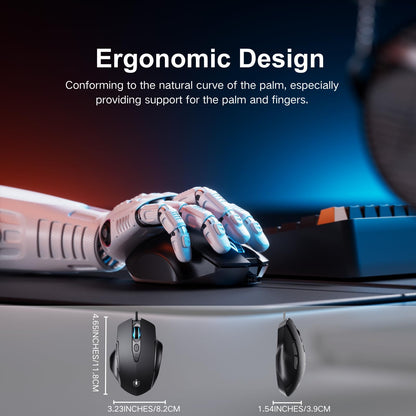 Uineer Wired Mouse, USB wired mouse with 6 Buttons Ergonomic design,1.5M USB Cable Computer Mouse Gaming 7200DPI Optical Mice for PC Laptop, Matte Black