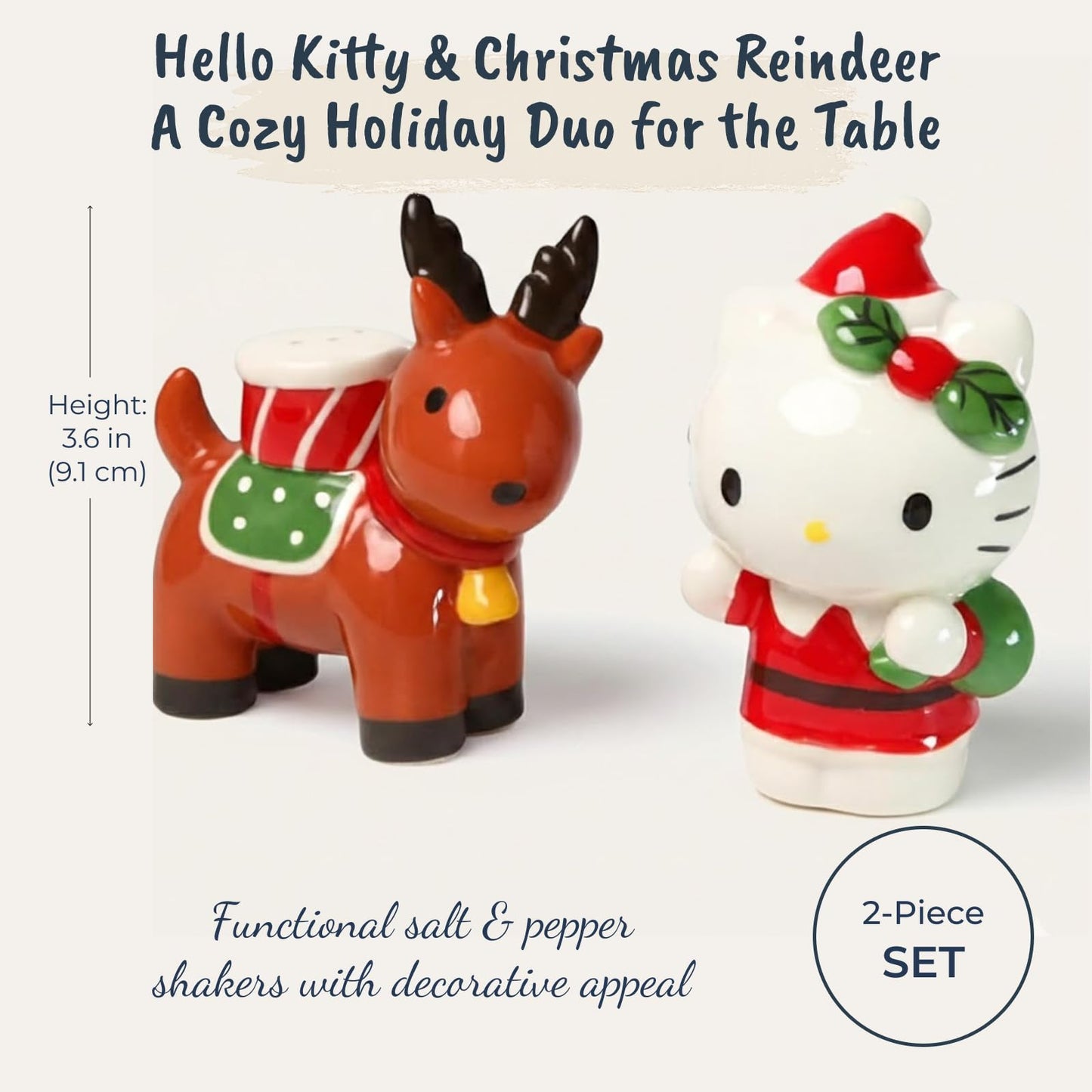 Blue Sky Clayworks Hello Kitty and Christmas Reindeer Salt and Pepper, Set of 2 Holiday Kitchen Appliances, Ceramic, 24010