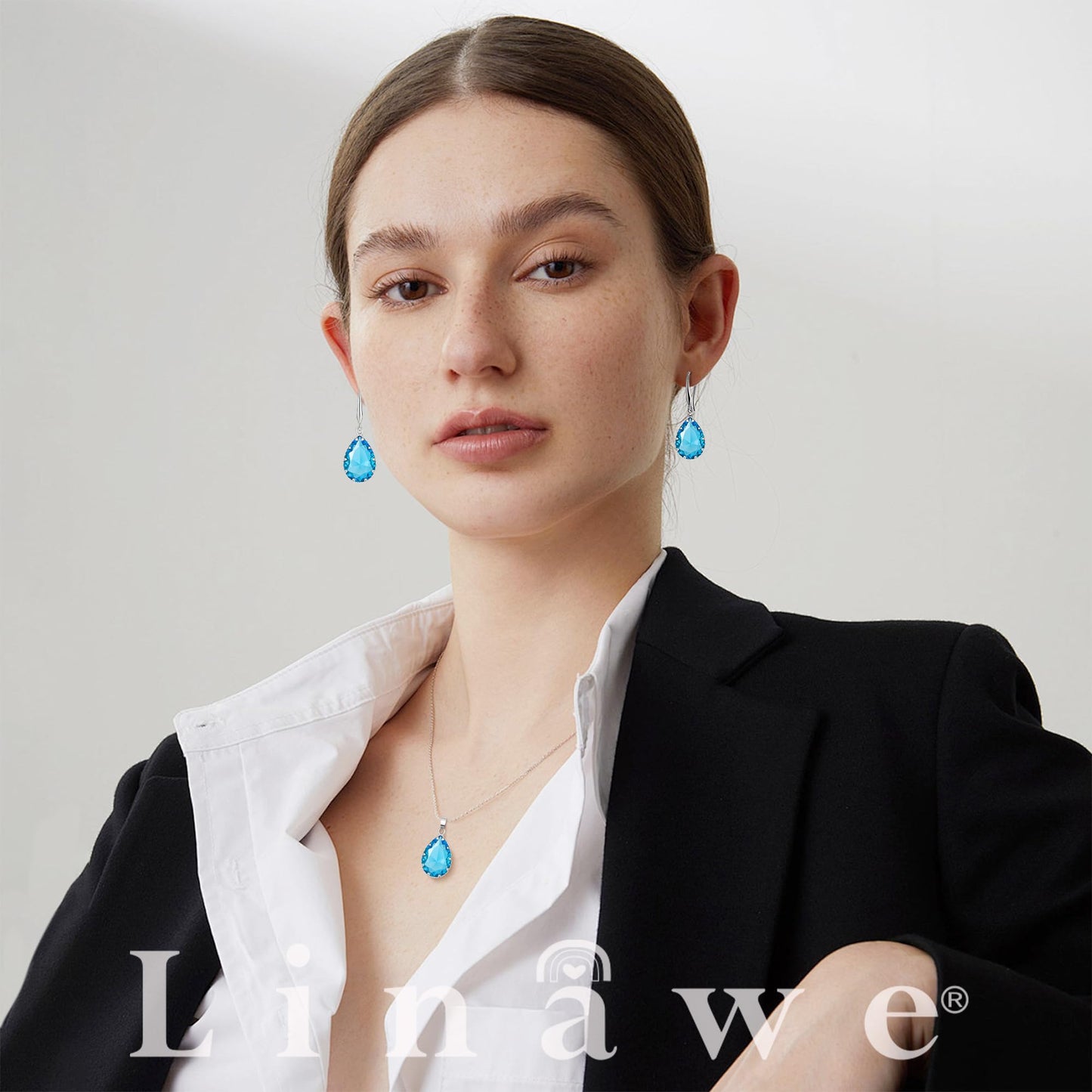 Linawe Silver Jewelry Sets for Women, Aquamarine Blue Necklace and Earring Set, Birthstone Crystal Imitation Diamond Pendant Necklace Set, Tear Drop Earrings Jewelry Set Costume