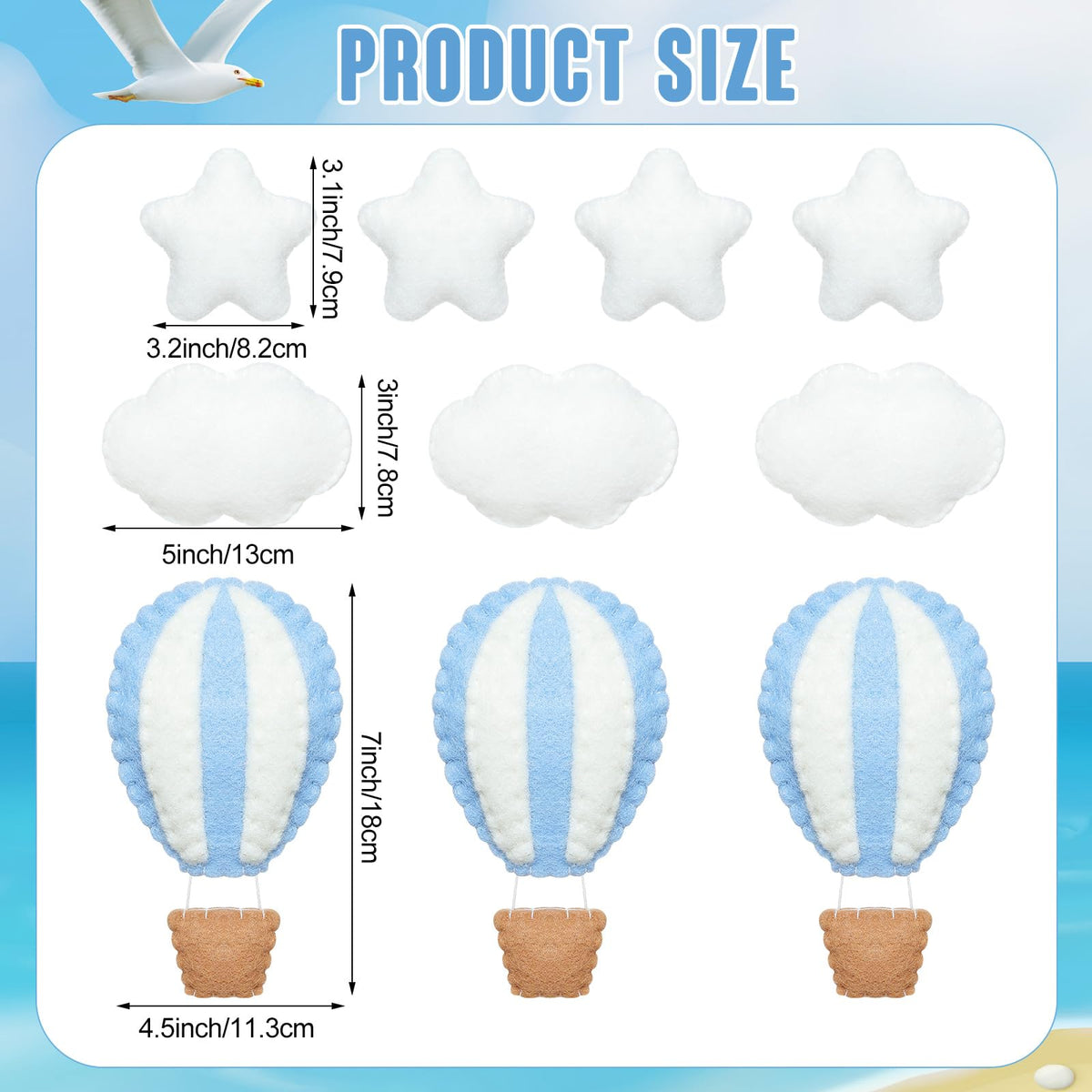 Poen 10 Pcs Star Hot Air Balloon and Cloud Nursery Decor Western Wall Decor for Bedroom Mini Felt Clouds Stars Hot Air Balloon Nursery Felt Wall for Kids Baby Bedroom(Blue)