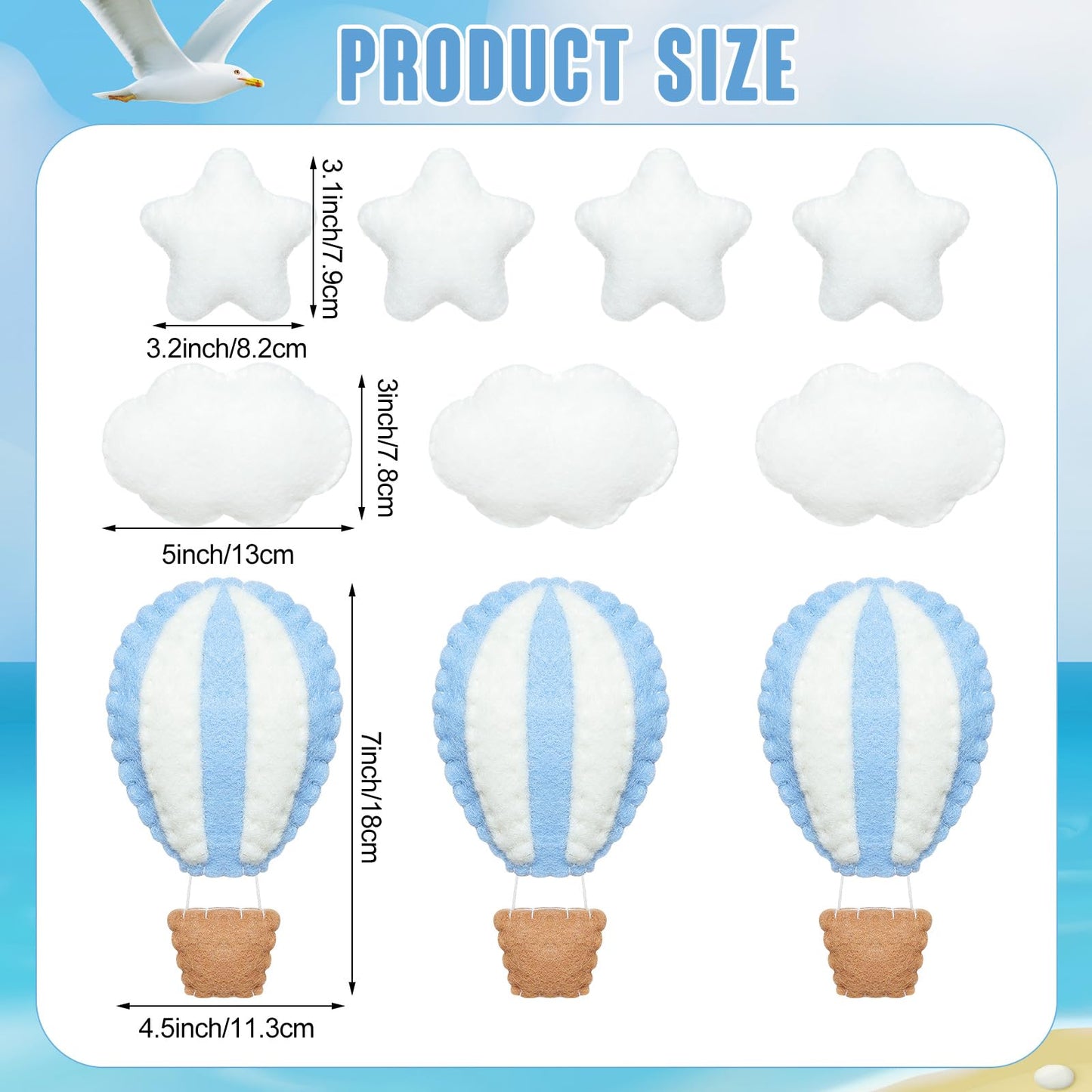 Poen 10 Pcs Star Hot Air Balloon and Cloud Nursery Decor Western Wall Decor for Bedroom Mini Felt Clouds Stars Hot Air Balloon Nursery Felt Wall for Kids Baby Bedroom(Blue)