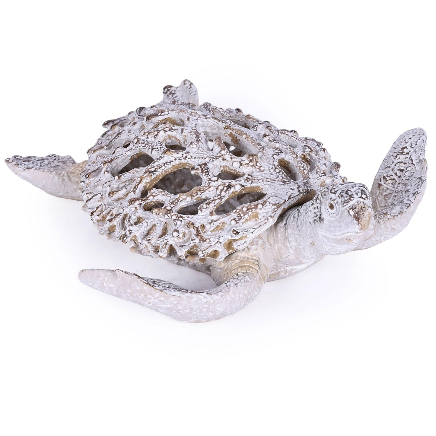 Beach Coastal Decor Coral Turtle Figurines - Nautical Ocean Decor Resin Teal Desk Coral Turtle Statue for Living Room, Bathroom, Office, Beach House, Seaside, Entrance, Shelf decor (Sandstone White)
