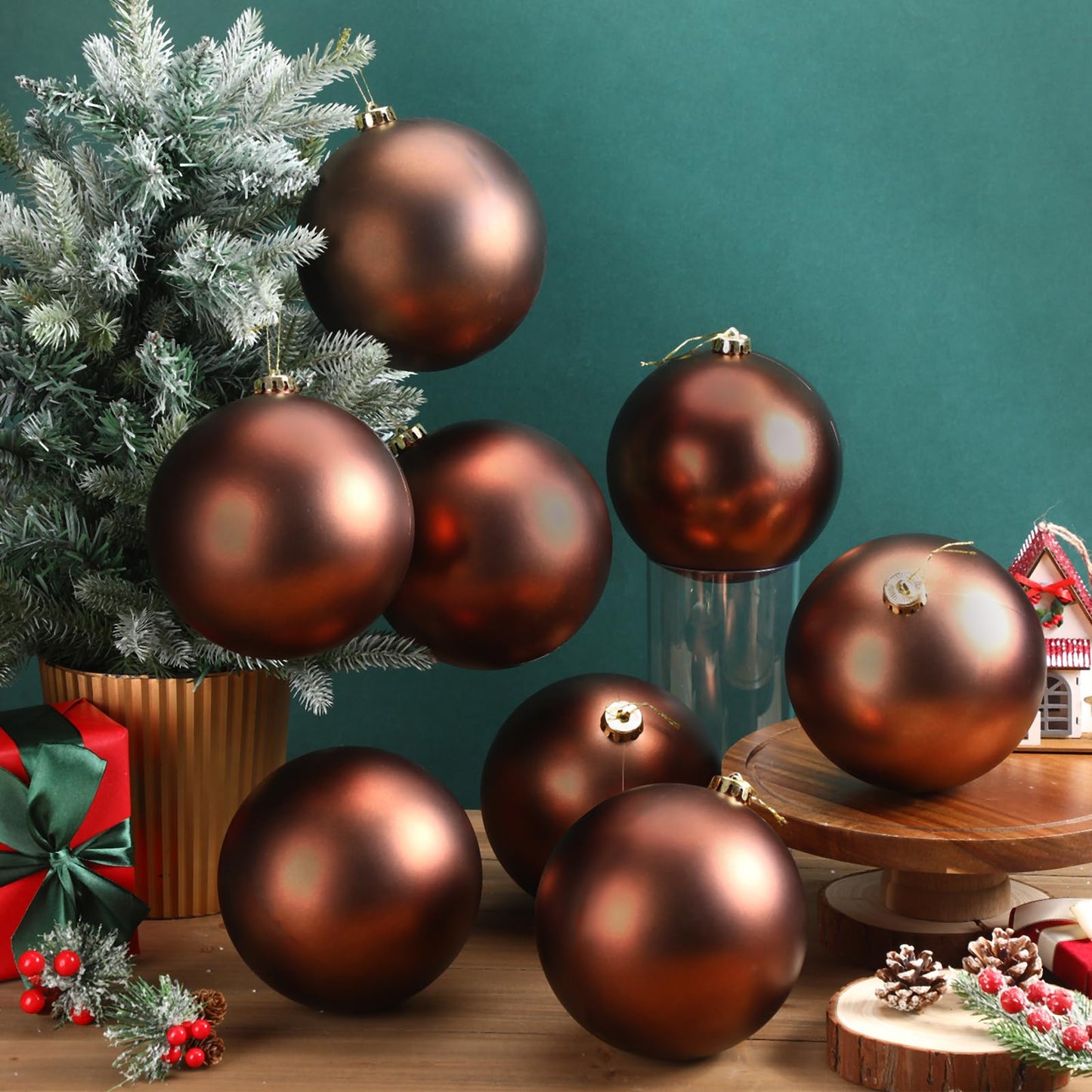 Wettarn 8 Pcs 6 Inch Brown Christmas Balls Ornaments Rustic Large Plastic Xmas Tree Hanging Ornaments Neutral Modern Xmas Giant Balls Decoration for Christmas Tree Lawn Yard Garden Party