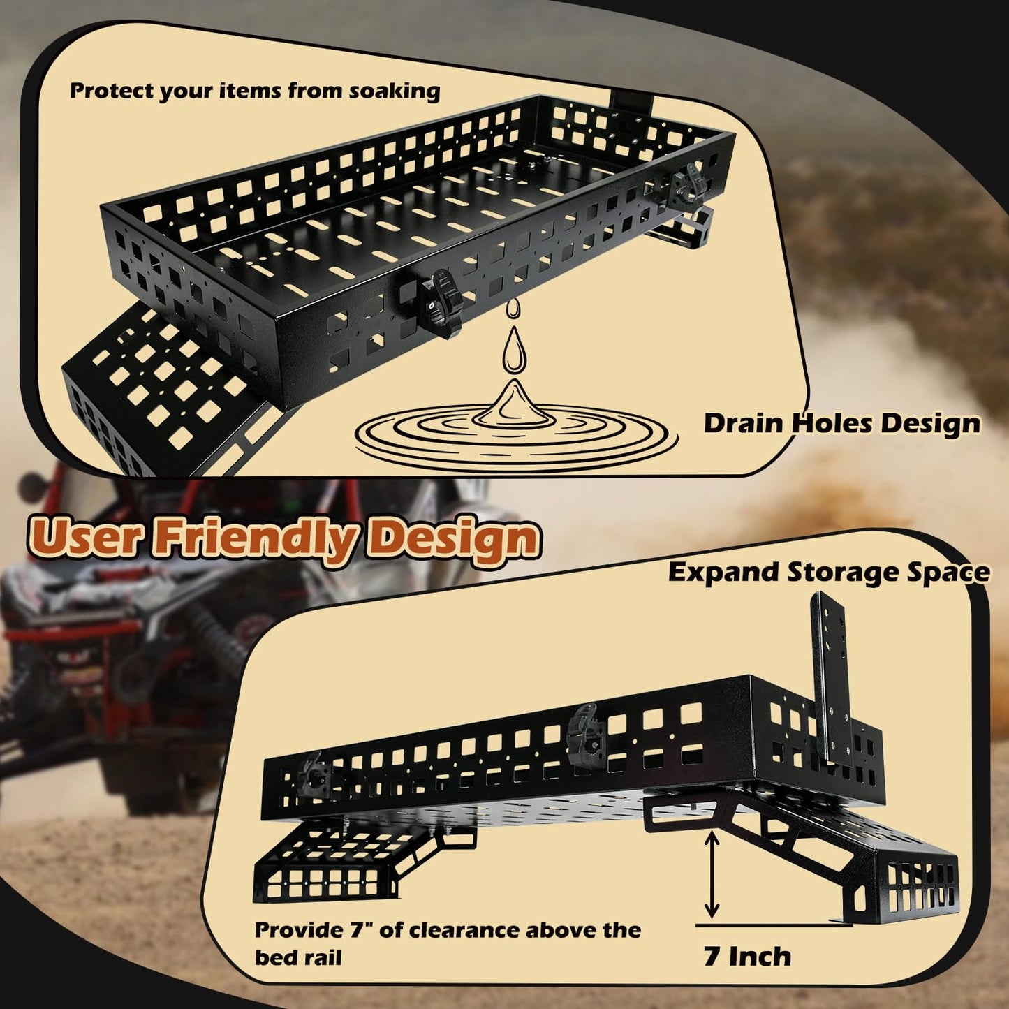 TOPOWN UTV Overbed Cargo Rack with Adjustable Mounting Brackets Accommodate Bed Rail Widths from 39.7”-56.3”(Inside Width), Molle Panel Sides UTV Bed Racks with Tool Clamps and Gas Can Mount