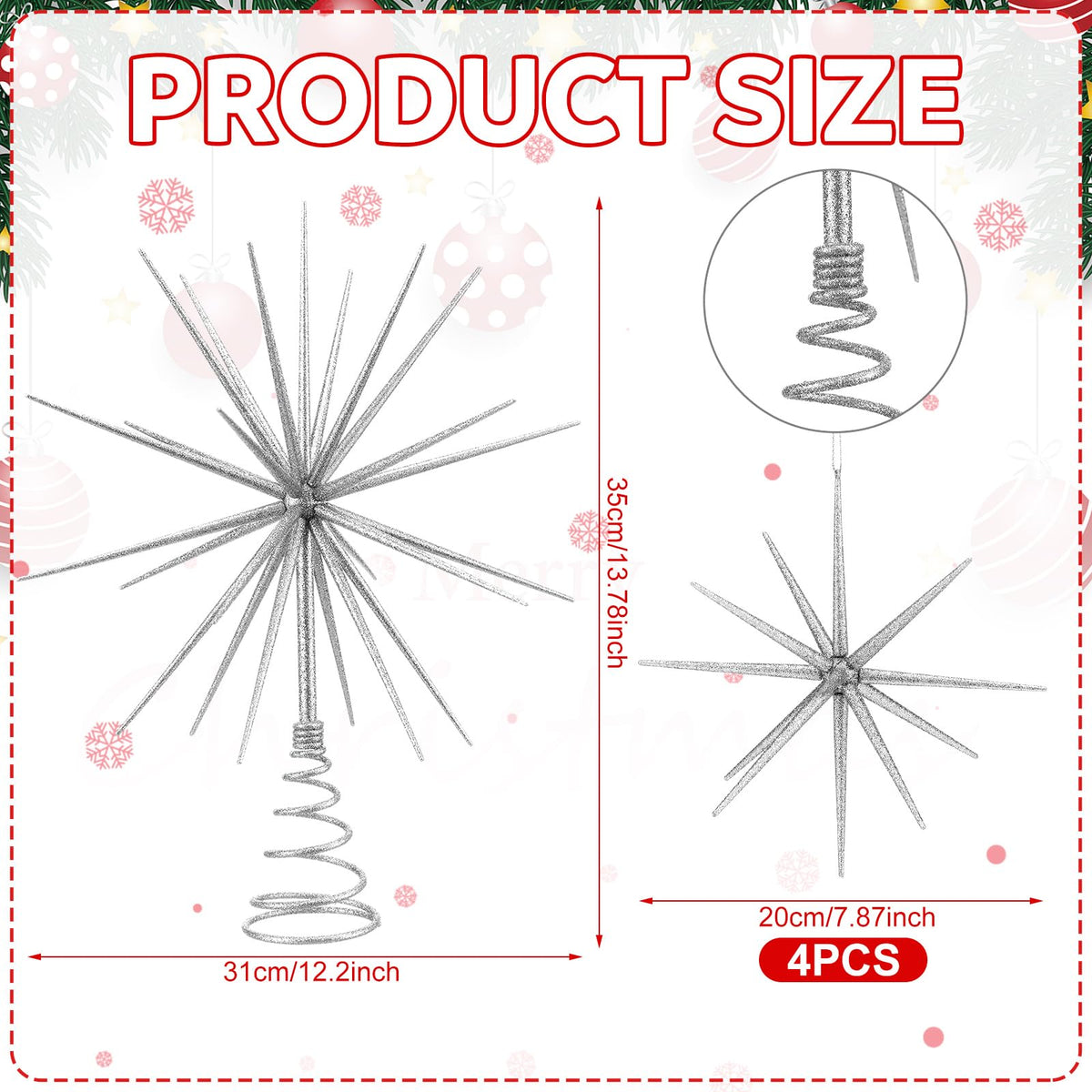 Leinuosen 5 Pcs Glitter Starburst Christmas Ornaments Include 4 Pcs 8'' Exploding Star Hanging Tree Ornament with a Large 13.7'' Starburst Christmas Tree Topper Xmas Holiday Tabletop Decor(Silver)