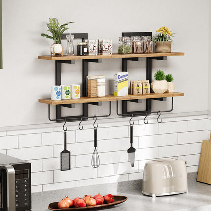 Creso hom Floating Shelves for Wall Set of 2, Wood Wall Shelf with 6 Hooks, 2 Tier Hanging Decorative Storage Shelves for Living Room Bedroom Bathroom Kitchen Office Coffee Bar, Rustic Brown