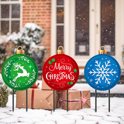 Drydiet 3 Pack Metal Christmas Yard Signs Decor Xmas Yard Stakes Outdoor with Stakes for Holiday Outdoor Garden Lawn Pathway Decoration(Christmas Balls)