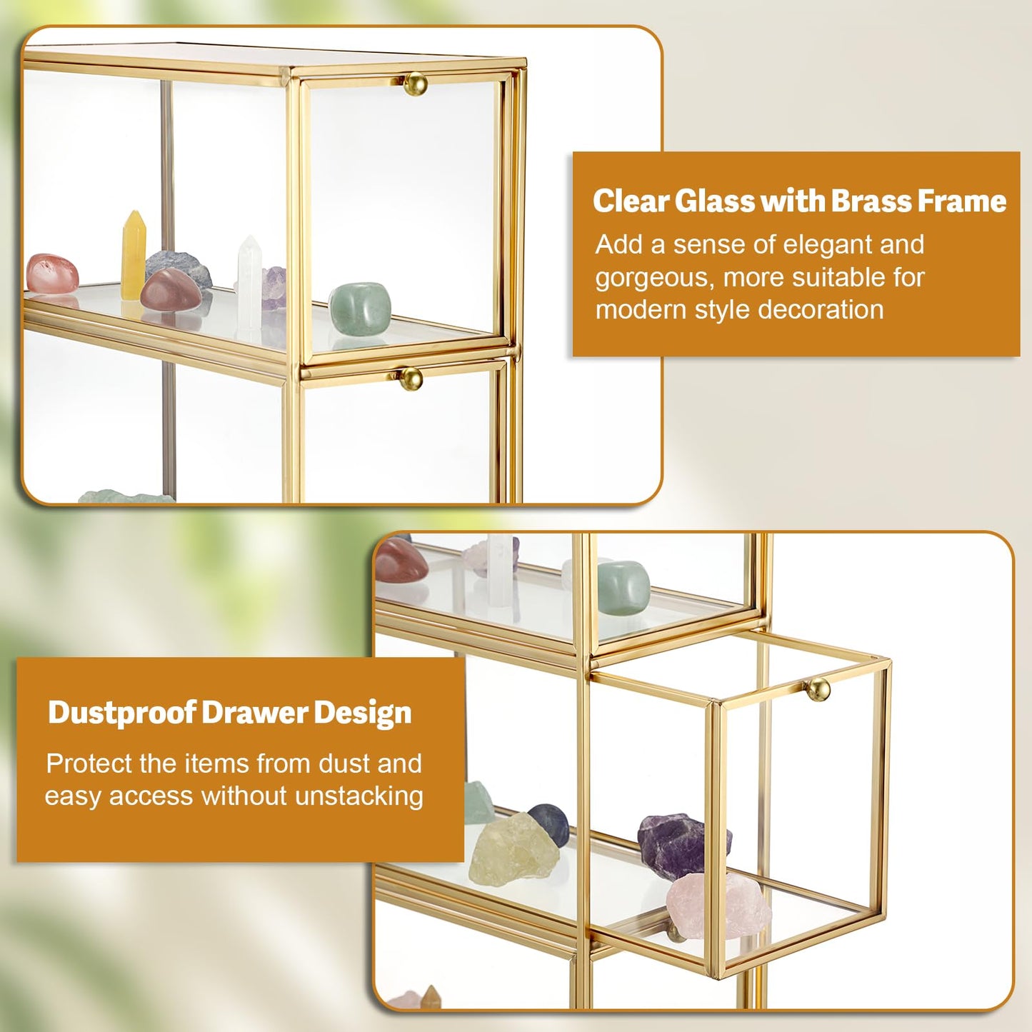 JUXYES Tabletop Brass Glass Rock Display Case with 3 Drawers - Modern Clear Rocks Collections Display Case Box - Gold Dust Proof Case Small Shelf for Collectible, Mineral Crystal, Rock, Stones
