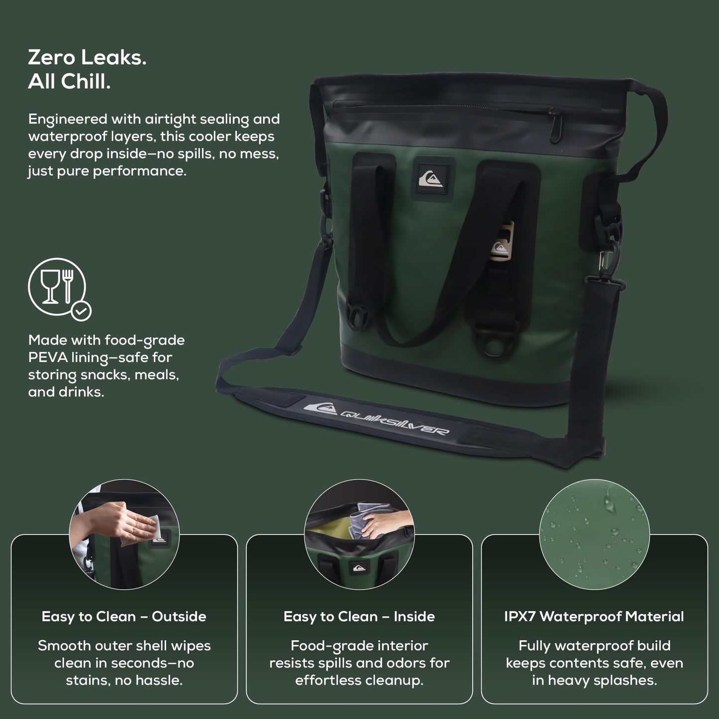 Quiksilver Tote Bag Soft Cooler 20L, Holds 24 Cans, 48 Hour Insulation, Leakproof & Waterproof Design, Heavy Duty TPU, IPX7, Multiple Padded Straps, Bottle Opener (Trekking Green)