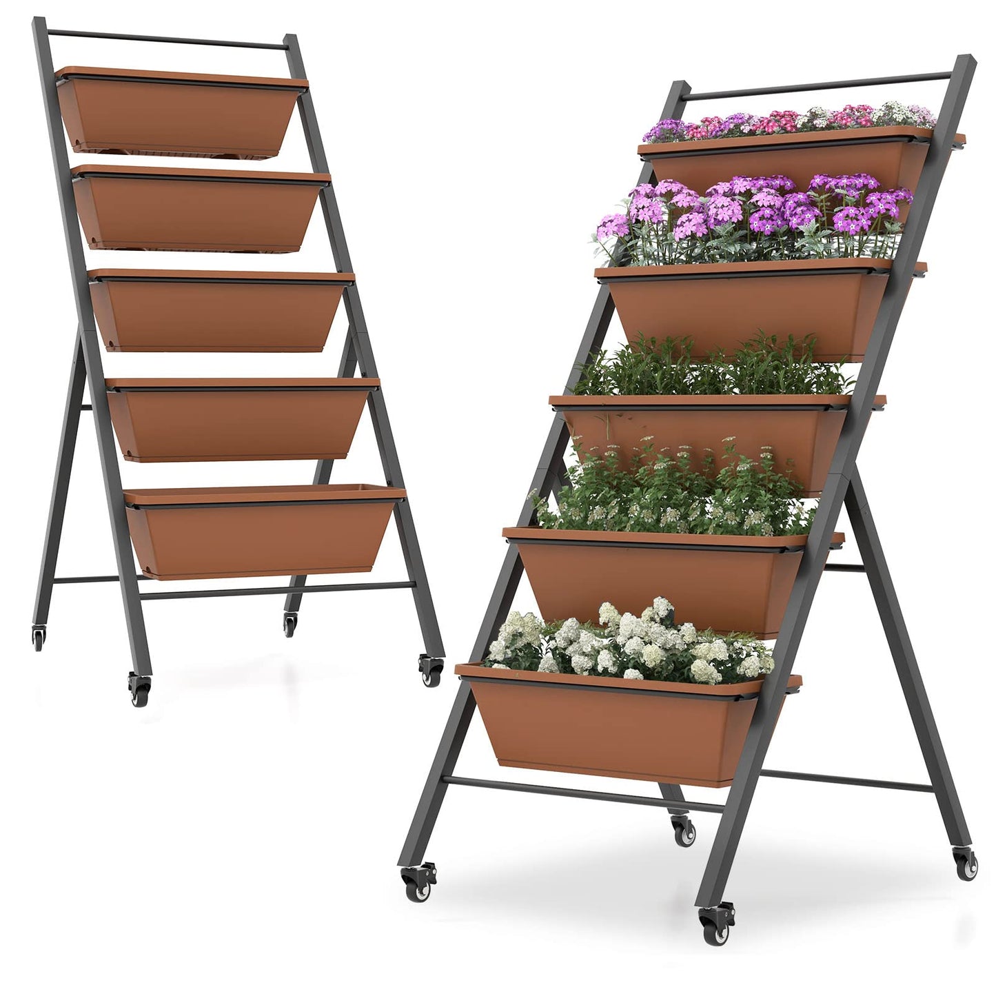 S AFSTAR 5-Tier Vertical Garden Planter, Raised Garden Bed with 2 Lockable Wheels, 6 Removable Planter Boxes, Metal Frame, Indoor Outdoor Elevated Planting Box for Flower Vegetables Fruit Herbs