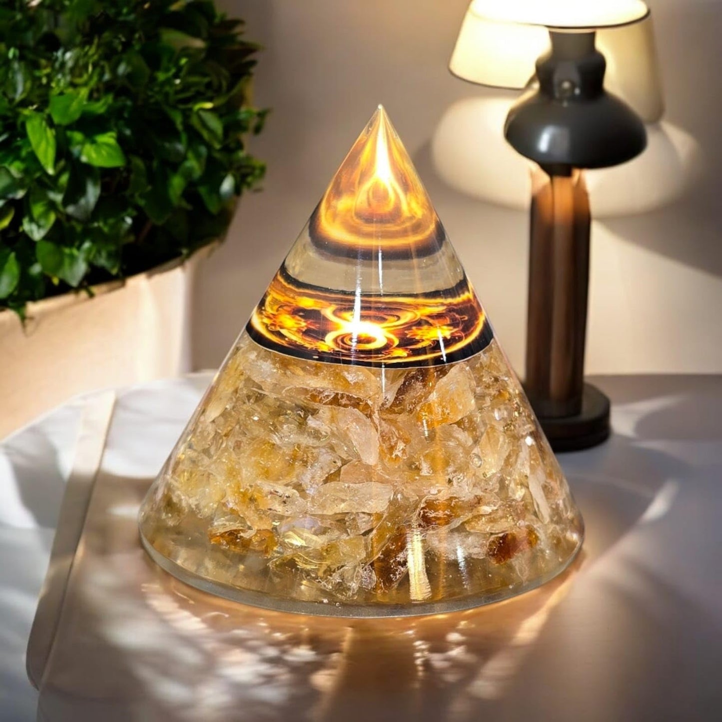 Crystal Orgonite Pyramid with Citrine Crystals, Decorative Energy Stone, Clear Resin